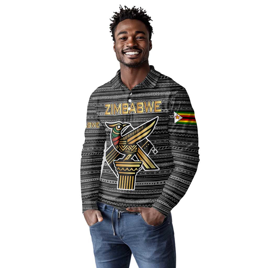 Zimbabwean Bird Statue Long Sleeve Polo Shirt Tribal Pattern Flag Patch and Heritage Symbol