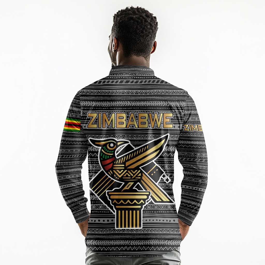 Zimbabwean Bird Statue Long Sleeve Polo Shirt Tribal Pattern Flag Patch and Heritage Symbol