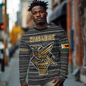 Zimbabwean Bird Statue Long Sleeve Shirt Tribal Pattern Flag Patch and Heritage Symbol