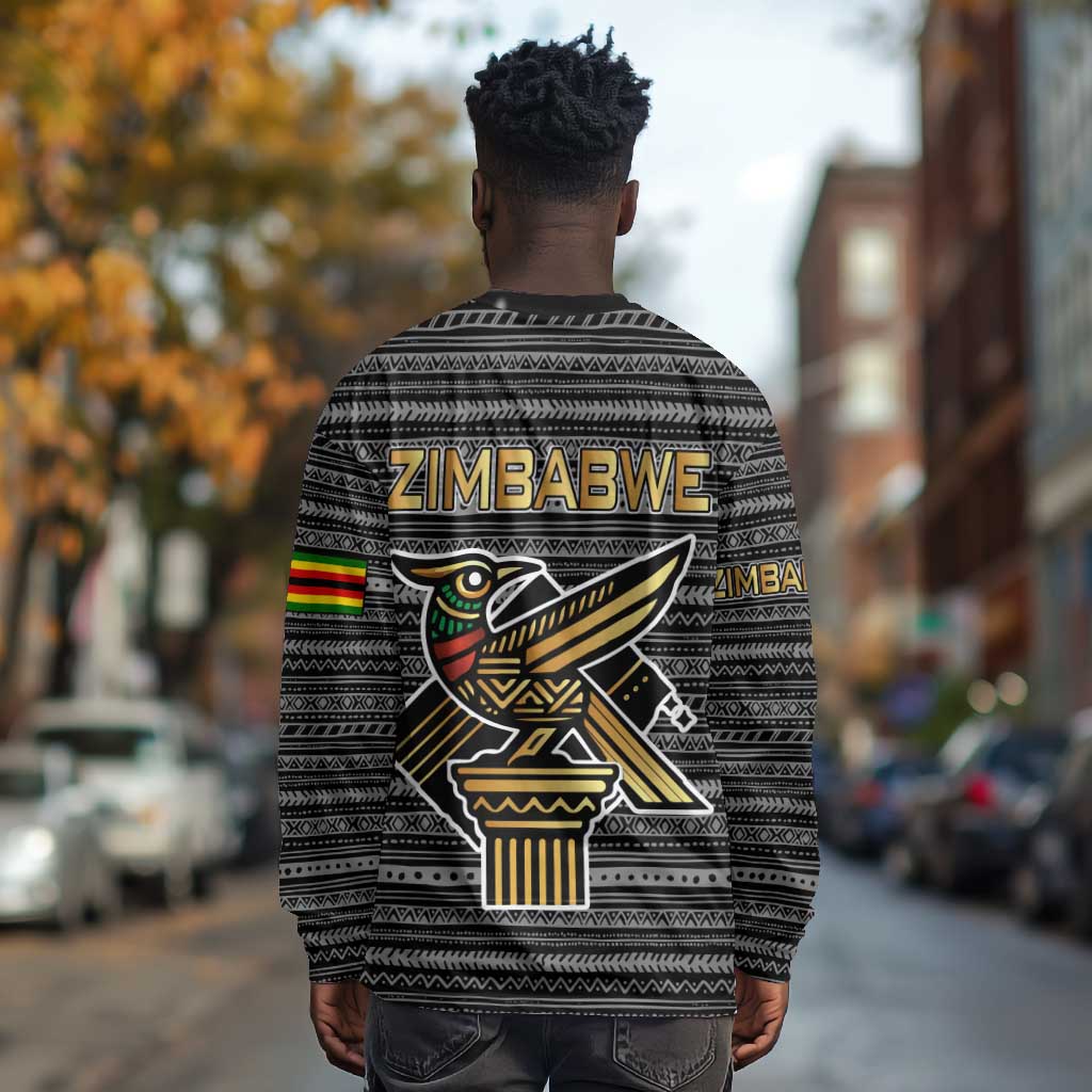 Zimbabwean Bird Statue Long Sleeve Shirt Tribal Pattern Flag Patch and Heritage Symbol