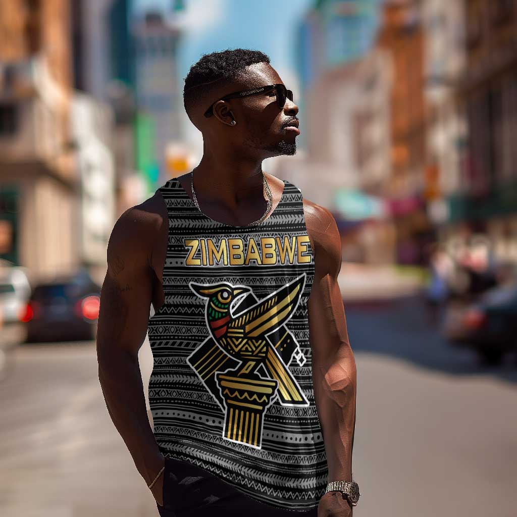 Zimbabwean Bird Statue Men Tank Top Tribal Pattern Flag Patch and Heritage Symbol