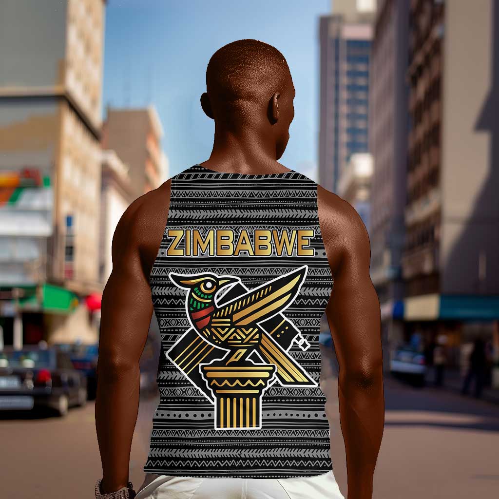 Zimbabwean Bird Statue Men Tank Top Tribal Pattern Flag Patch and Heritage Symbol