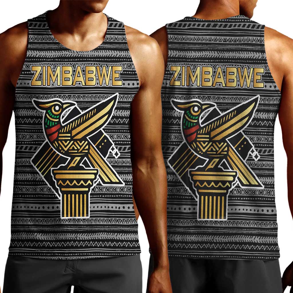 Zimbabwean Bird Statue Men Tank Top Tribal Pattern Flag Patch and Heritage Symbol