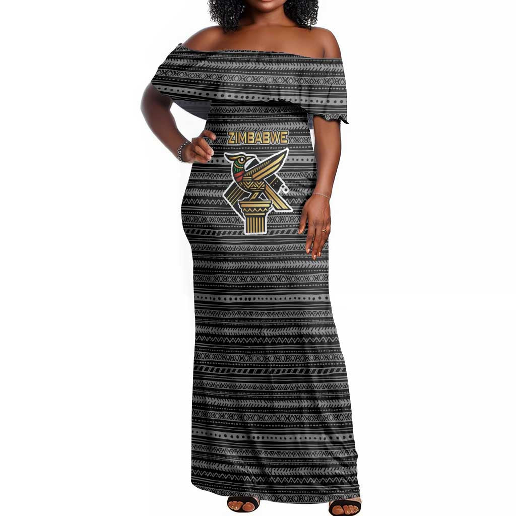 Zimbabwean Bird Statue Off Shoulder Maxi Dress Tribal Pattern Flag Patch and Heritage Symbol