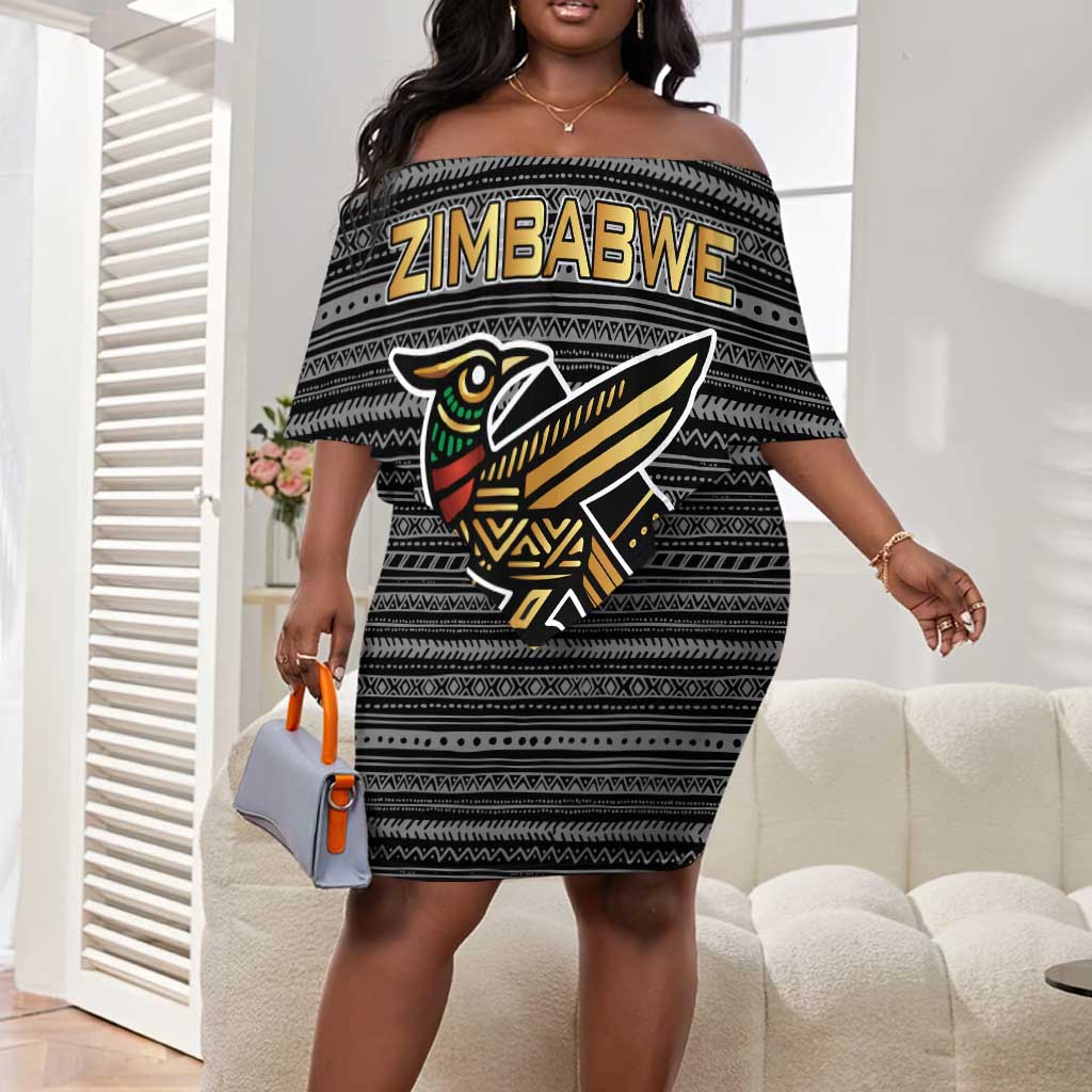 Zimbabwean Bird Statue Off Shoulder Short Dress Tribal Pattern Flag Patch and Heritage Symbol