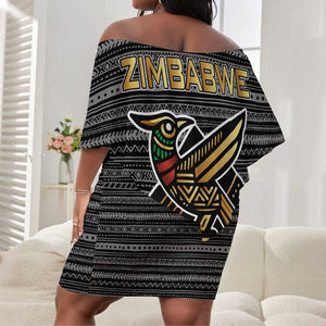 Zimbabwean Bird Statue Off Shoulder Short Dress Tribal Pattern Flag Patch and Heritage Symbol