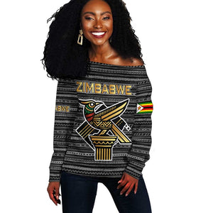 Zimbabwean Bird Statue Off Shoulder Sweater Tribal Pattern Flag Patch and Heritage Symbol