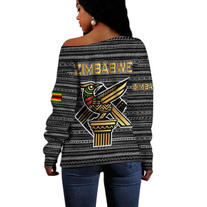 Zimbabwean Bird Statue Off Shoulder Sweater Tribal Pattern Flag Patch and Heritage Symbol