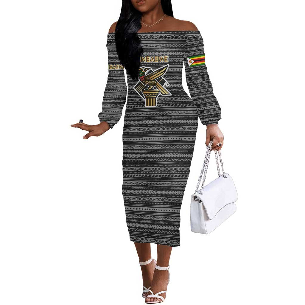 Zimbabwean Bird Statue Off The Shoulder Long Sleeve Dress Tribal Pattern Flag Patch and Heritage Symbol