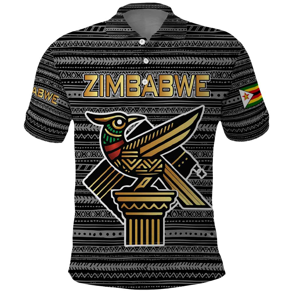 Zimbabwean Bird Statue Polo Shirt Tribal Pattern Flag Patch and Heritage Symbol