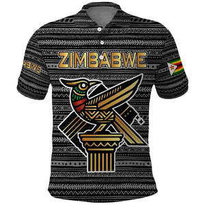 Zimbabwean Bird Statue Polo Shirt Tribal Pattern Flag Patch and Heritage Symbol