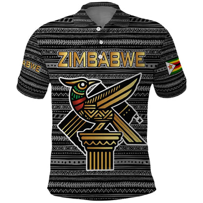 Zimbabwean Bird Statue Polo Shirt Tribal Pattern Flag Patch and Heritage Symbol