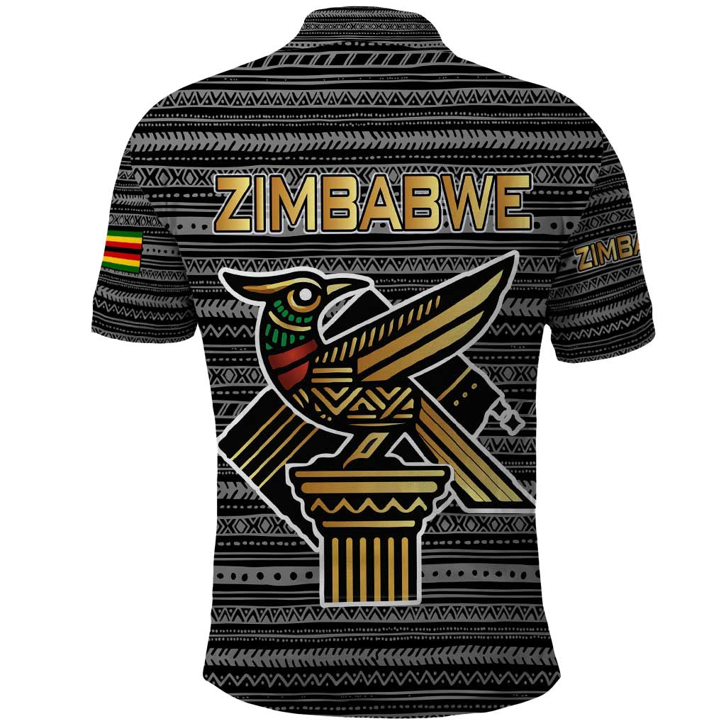 Zimbabwean Bird Statue Polo Shirt Tribal Pattern Flag Patch and Heritage Symbol