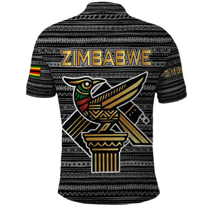 Zimbabwean Bird Statue Polo Shirt Tribal Pattern Flag Patch and Heritage Symbol