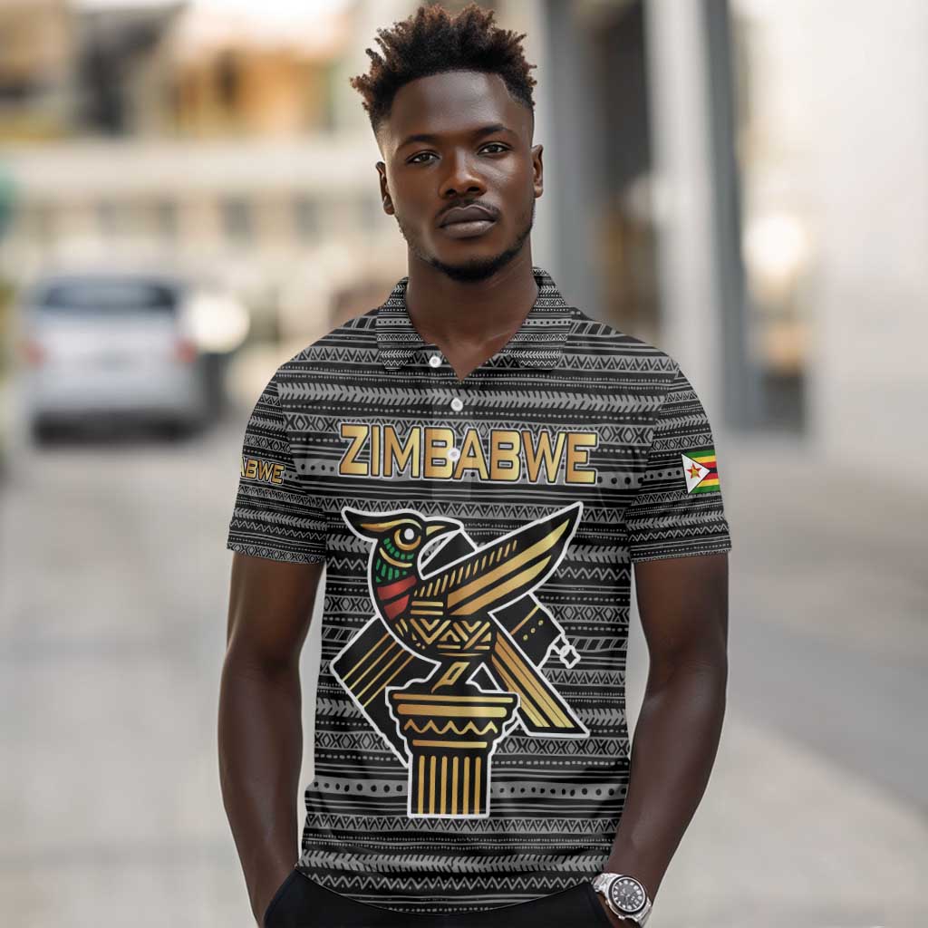 Zimbabwean Bird Statue Polo Shirt Tribal Pattern Flag Patch and Heritage Symbol