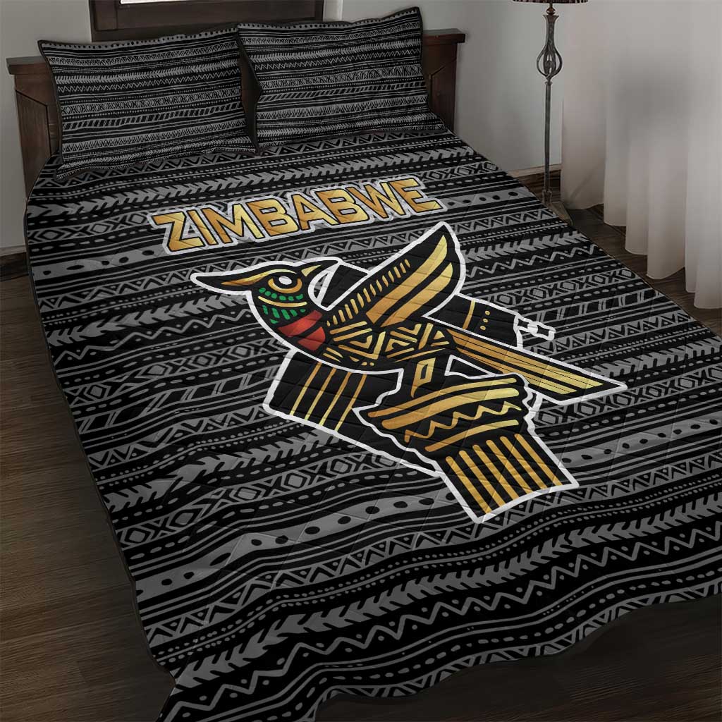 Zimbabwean Bird Statue Quilt Bed Set Tribal Pattern Flag Patch and Heritage Symbol