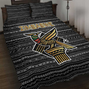 Zimbabwean Bird Statue Quilt Bed Set Tribal Pattern Flag Patch and Heritage Symbol