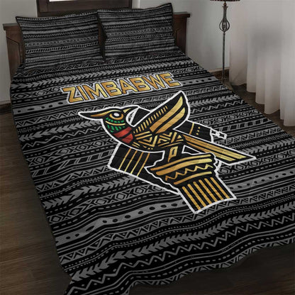 Zimbabwean Bird Statue Quilt Bed Set Tribal Pattern Flag Patch and Heritage Symbol