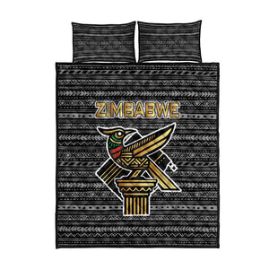 Zimbabwean Bird Statue Quilt Bed Set Tribal Pattern Flag Patch and Heritage Symbol