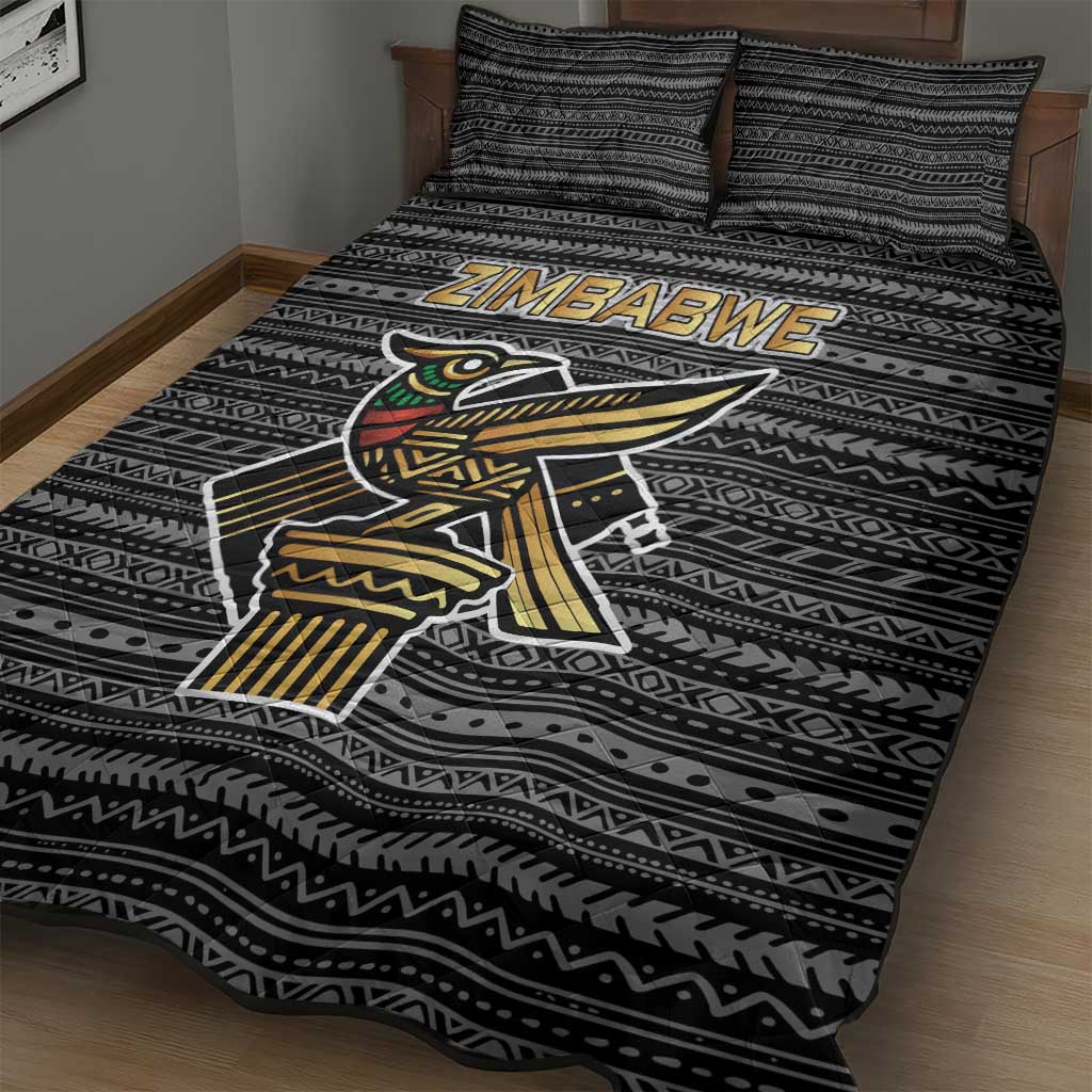 Zimbabwean Bird Statue Quilt Bed Set Tribal Pattern Flag Patch and Heritage Symbol