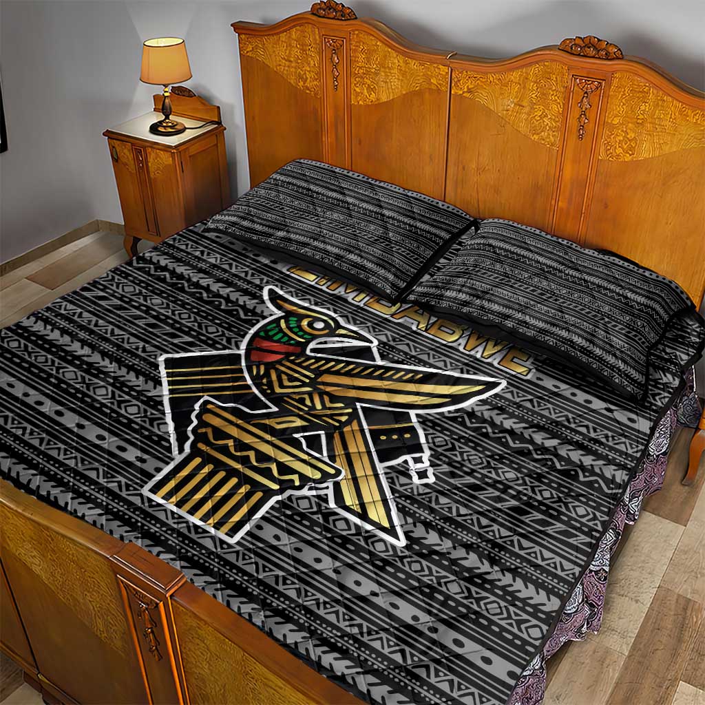 Zimbabwean Bird Statue Quilt Bed Set Tribal Pattern Flag Patch and Heritage Symbol