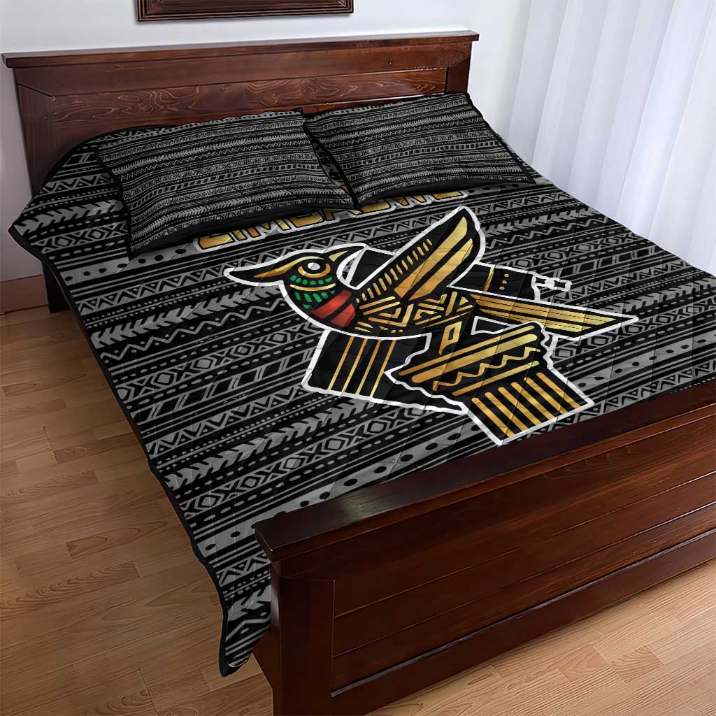 Zimbabwean Bird Statue Quilt Bed Set Tribal Pattern Flag Patch and Heritage Symbol