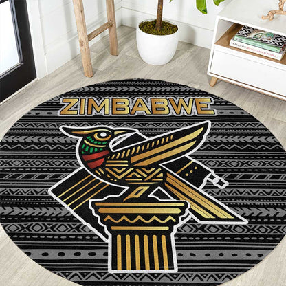 Zimbabwean Bird Statue Round Carpet Tribal Pattern Flag Patch and Heritage Symbol