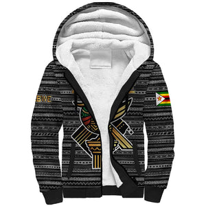 Zimbabwean Bird Statue Sherpa Hoodie Tribal Pattern Flag Patch and Heritage Symbol