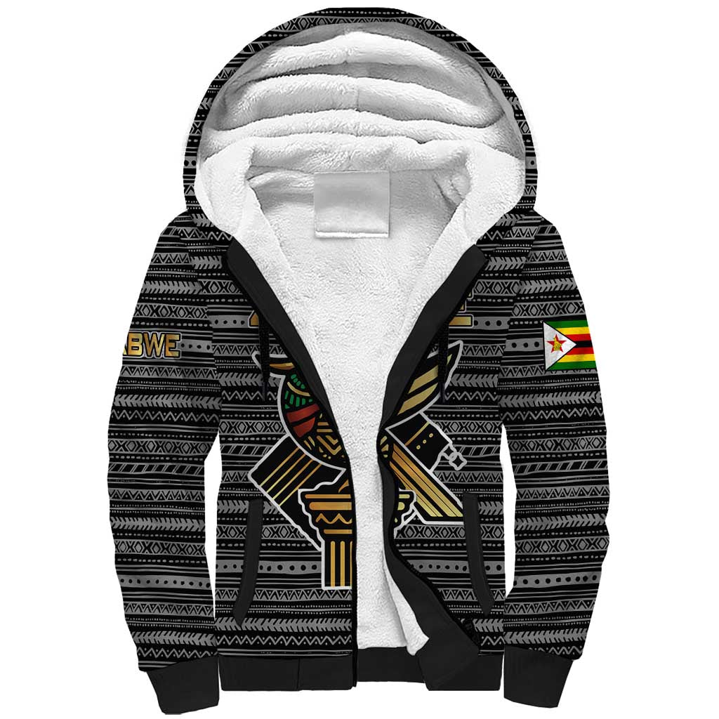 Zimbabwean Bird Statue Sherpa Hoodie Tribal Pattern Flag Patch and Heritage Symbol