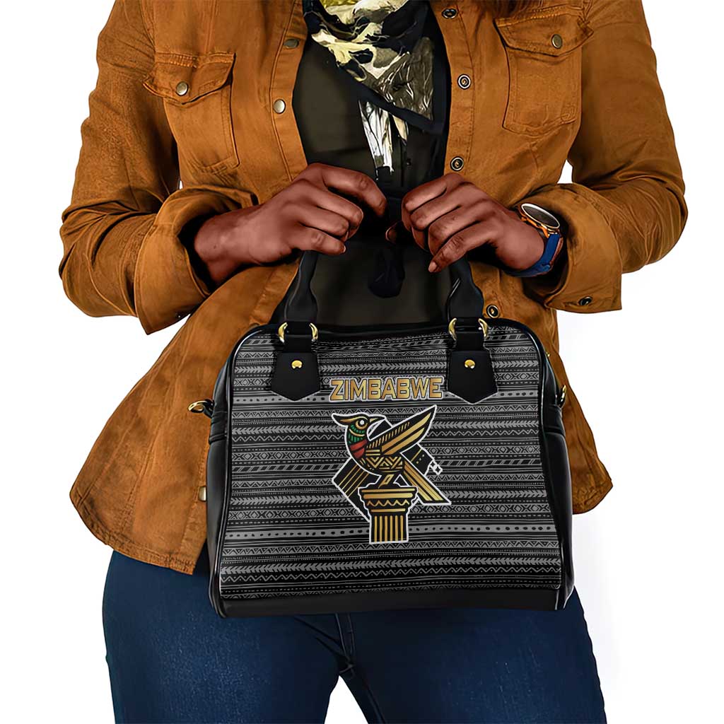 Zimbabwean Bird Statue Shoulder Handbag Tribal Pattern Flag Patch and Heritage Symbol