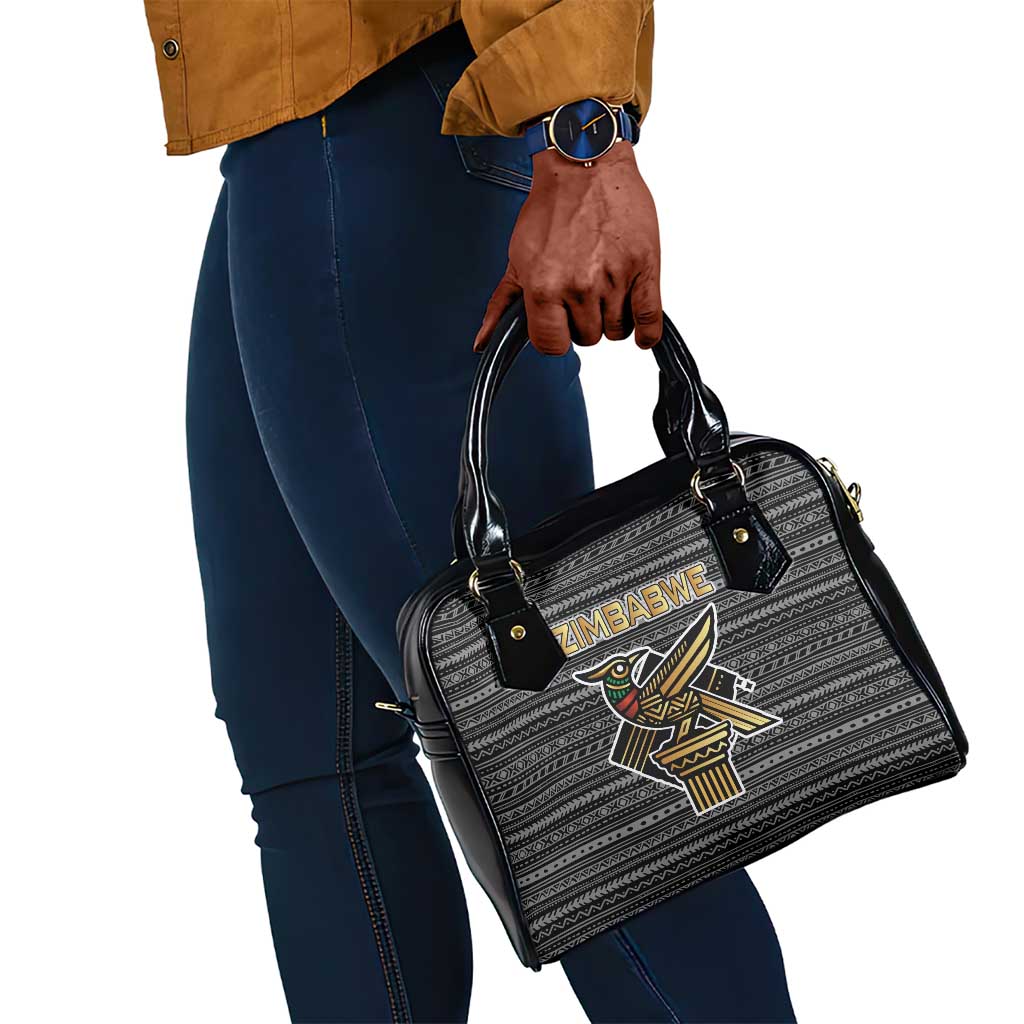 Zimbabwean Bird Statue Shoulder Handbag Tribal Pattern Flag Patch and Heritage Symbol