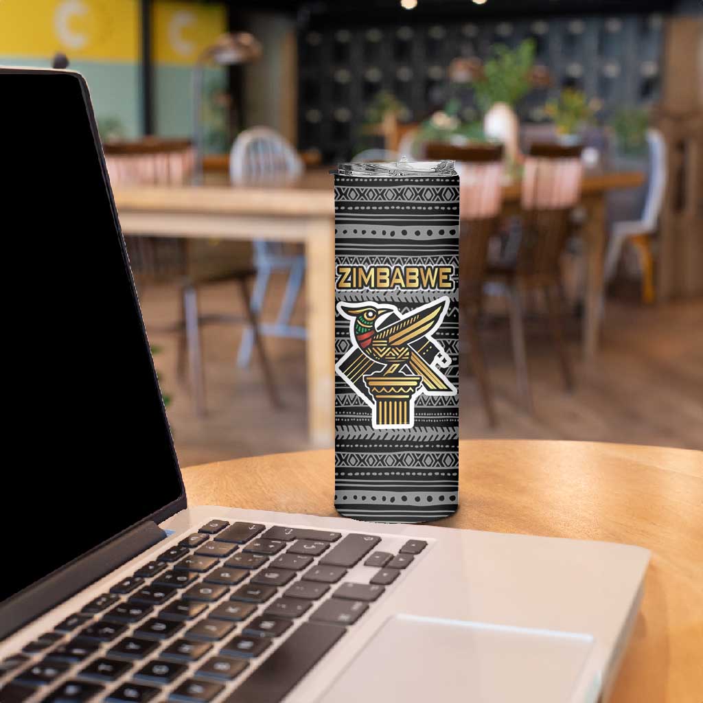 Zimbabwean Bird Statue Skinny Tumbler Tribal Pattern Flag Patch and Heritage Symbol