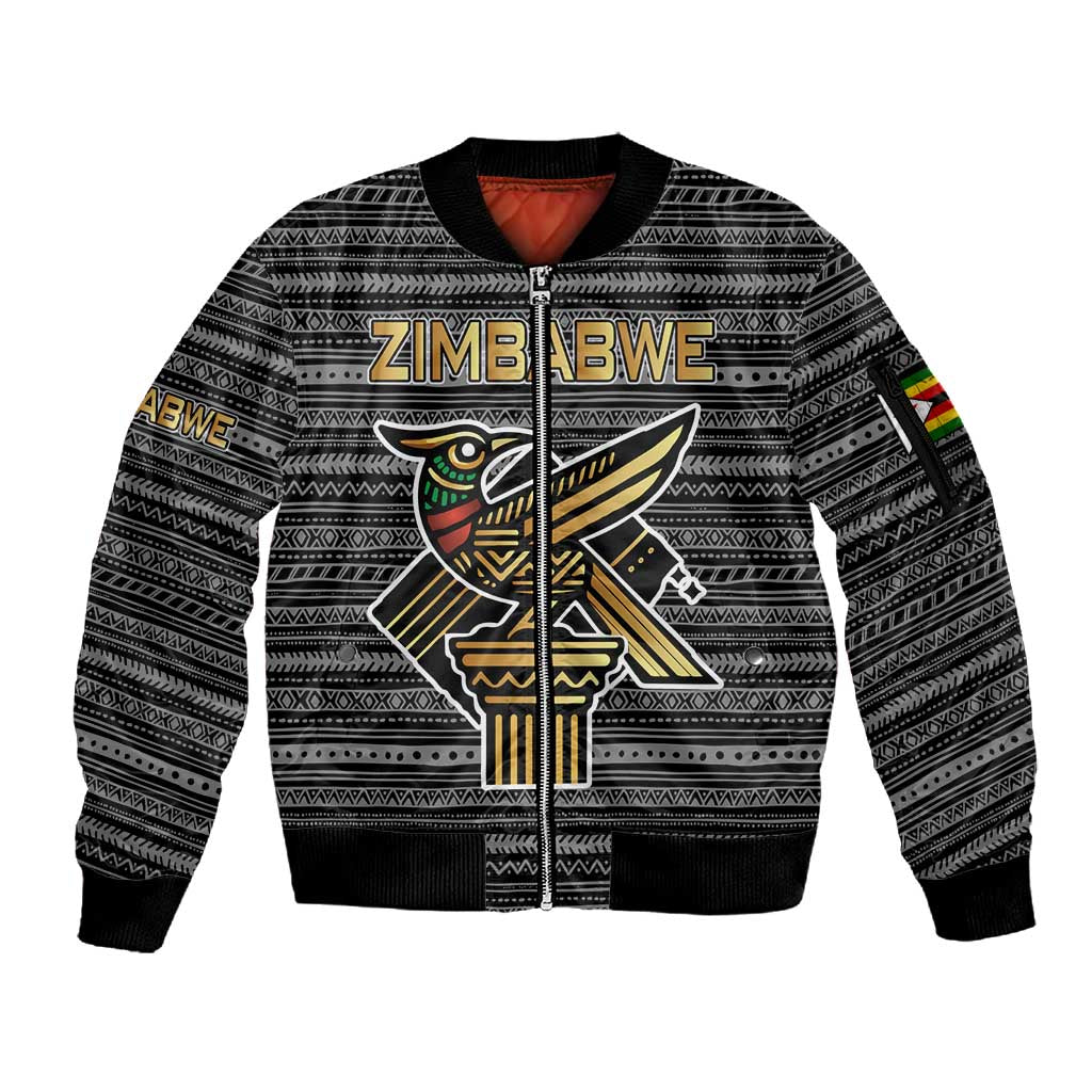Zimbabwean Bird Statue Sleeve Zip Bomber Jacket Tribal Pattern Flag Patch and Heritage Symbol