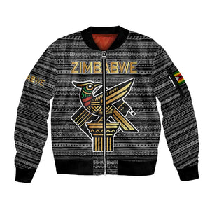 Zimbabwean Bird Statue Sleeve Zip Bomber Jacket Tribal Pattern Flag Patch and Heritage Symbol