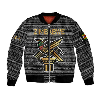 Zimbabwean Bird Statue Sleeve Zip Bomber Jacket Tribal Pattern Flag Patch and Heritage Symbol