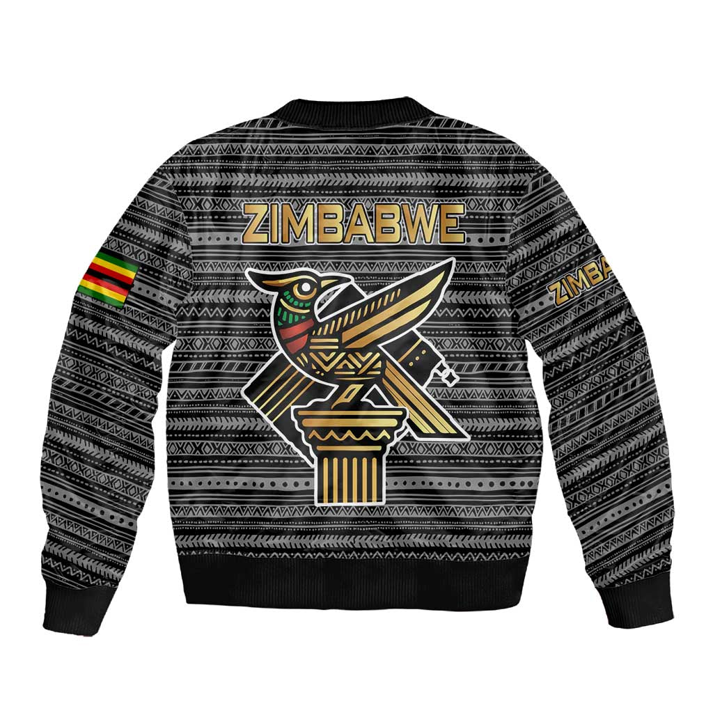 Zimbabwean Bird Statue Sleeve Zip Bomber Jacket Tribal Pattern Flag Patch and Heritage Symbol