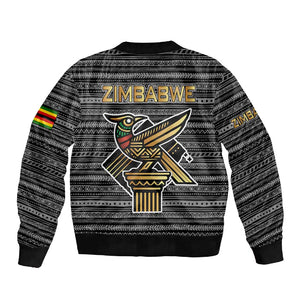 Zimbabwean Bird Statue Sleeve Zip Bomber Jacket Tribal Pattern Flag Patch and Heritage Symbol