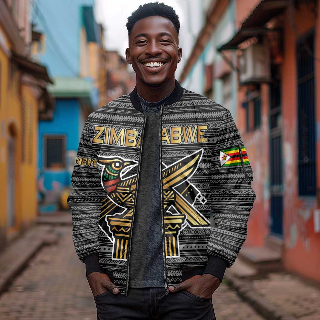 Zimbabwean Bird Statue Sleeve Zip Bomber Jacket Tribal Pattern Flag Patch and Heritage Symbol