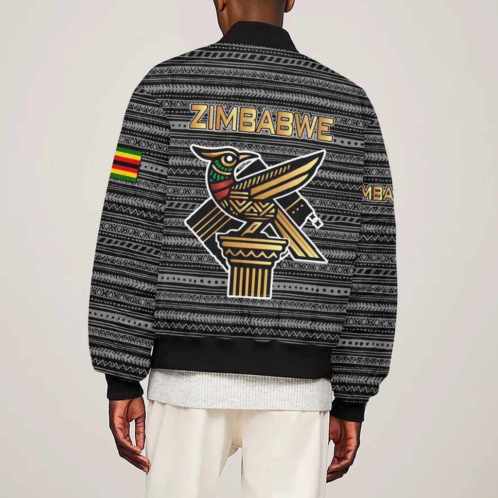 Zimbabwean Bird Statue Sleeve Zip Bomber Jacket Tribal Pattern Flag Patch and Heritage Symbol