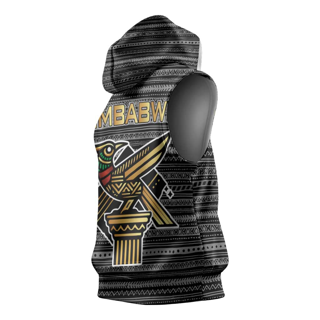 Zimbabwean Bird Statue Sleeveless Hoodie Tribal Pattern Flag Patch and Heritage Symbol - African Pride