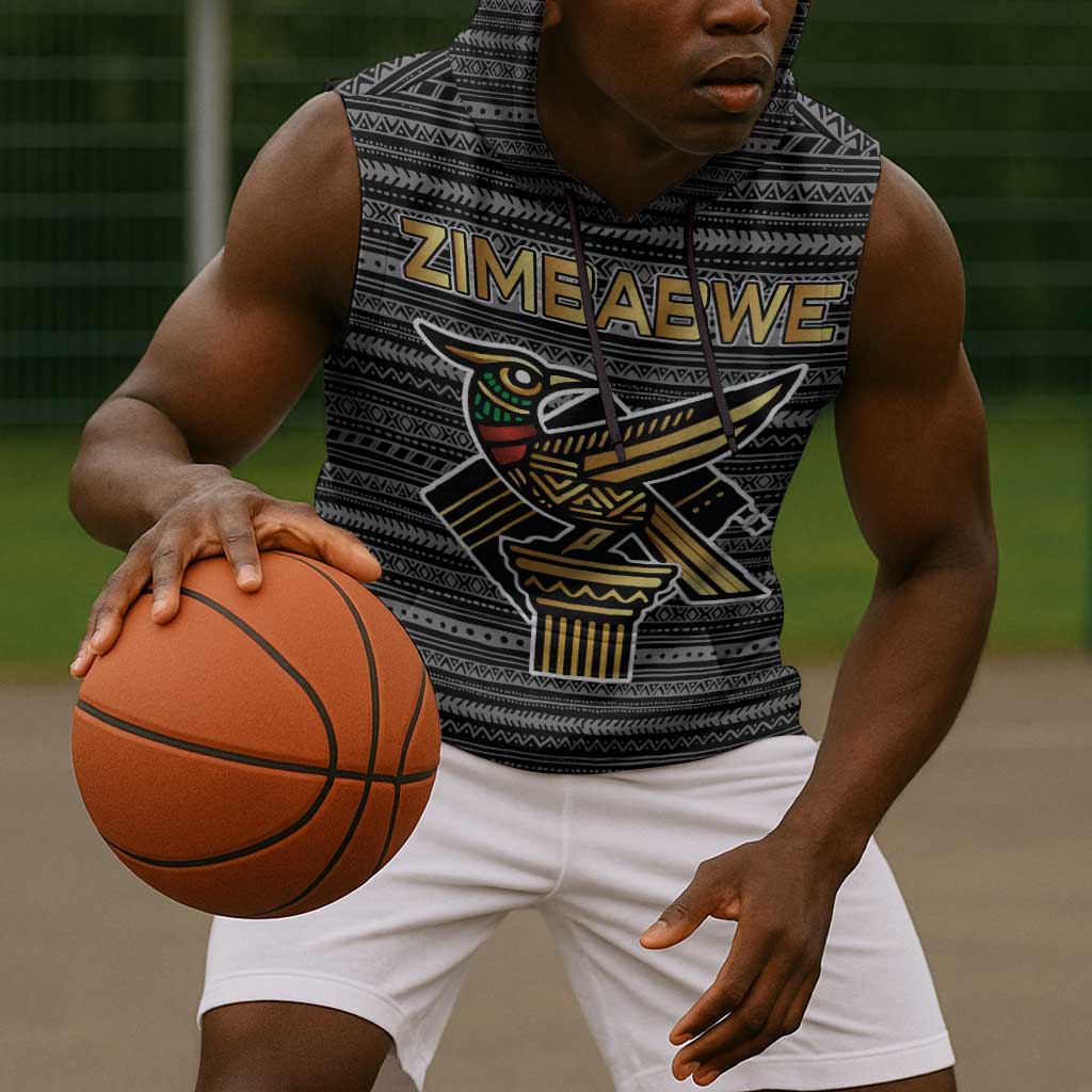 Zimbabwean Bird Statue Sleeveless Hoodie Tribal Pattern Flag Patch and Heritage Symbol - African Pride