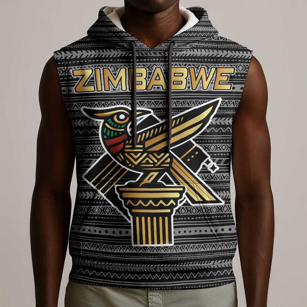 Zimbabwean Bird Statue Sleeveless Hoodie Tribal Pattern Flag Patch and Heritage Symbol - African Pride