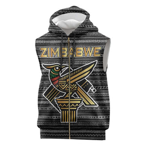 Zimbabwean Bird Statue Sleeveless Zip Hoodie Tribal Pattern Flag Patch and Heritage Symbol - African Pride