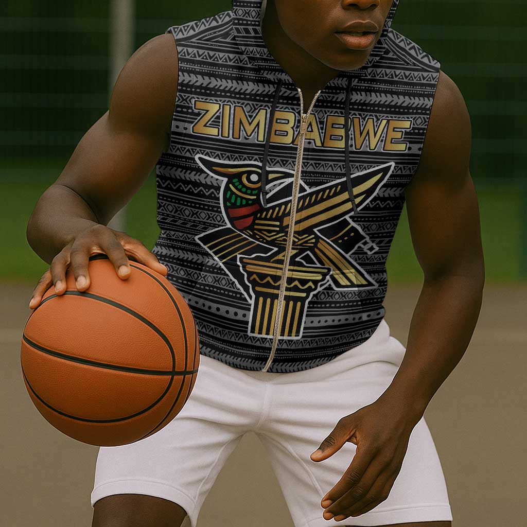 Zimbabwean Bird Statue Sleeveless Zip Hoodie Tribal Pattern Flag Patch and Heritage Symbol - African Pride