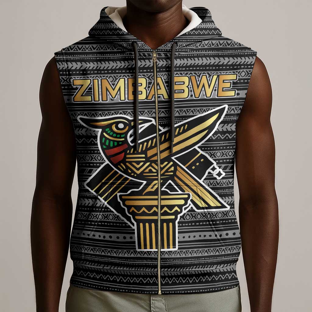 Zimbabwean Bird Statue Sleeveless Zip Hoodie Tribal Pattern Flag Patch and Heritage Symbol - African Pride