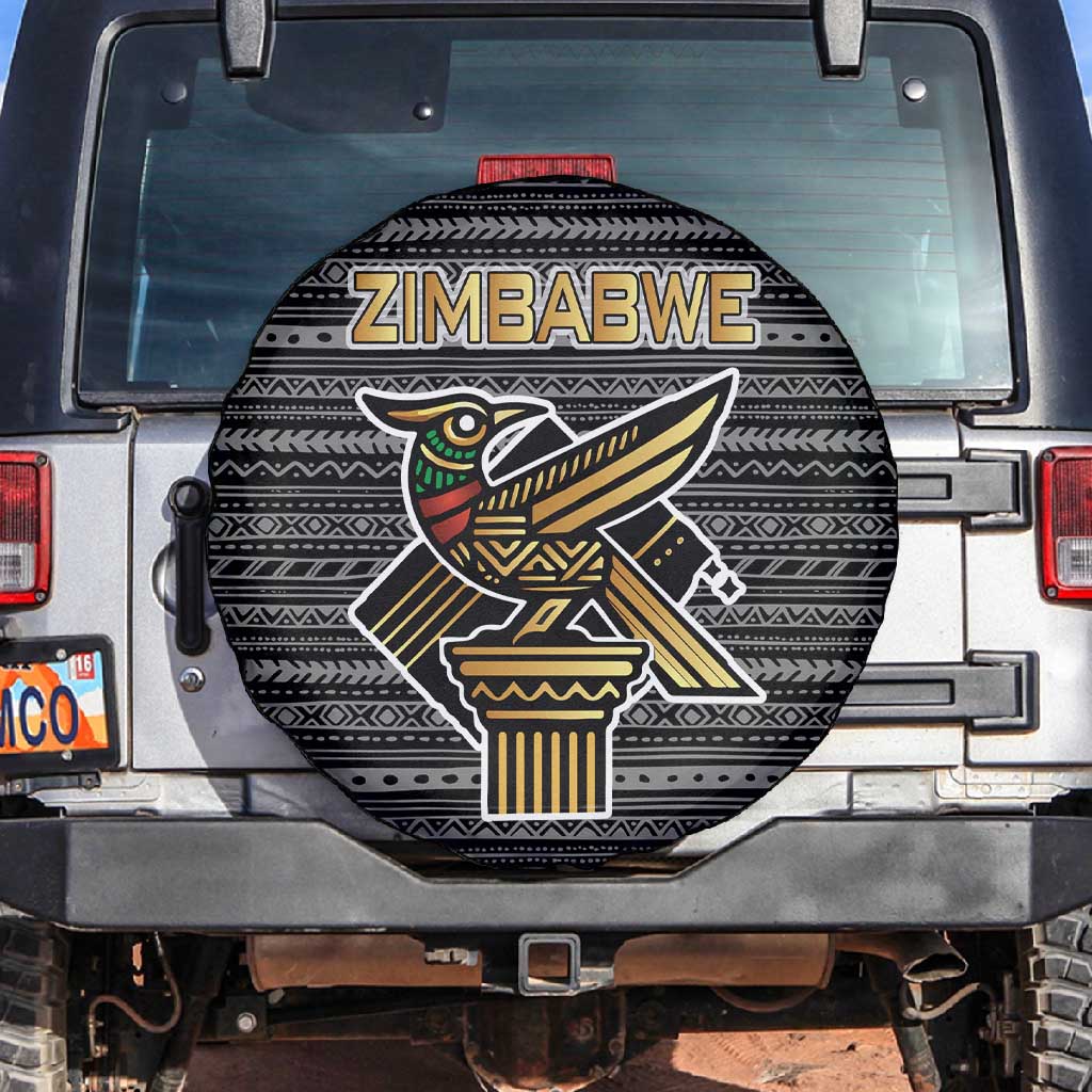 Zimbabwean Bird Statue Spare Tire Cover Tribal Pattern Flag Patch and Heritage Symbol