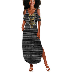 Zimbabwean Bird Statue Summer Maxi Dress Tribal Pattern Flag Patch and Heritage Symbol