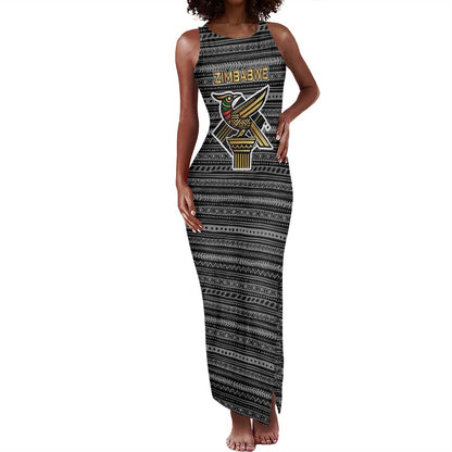 Zimbabwean Bird Statue Tank Maxi Dress Tribal Pattern Flag Patch and Heritage Symbol