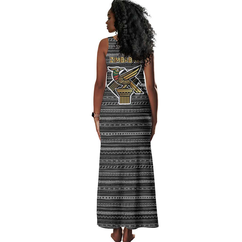 Zimbabwean Bird Statue Tank Maxi Dress Tribal Pattern Flag Patch and Heritage Symbol