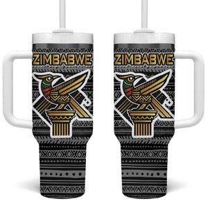 Zimbabwean Bird Statue Tumbler With Handle Tribal Pattern Flag Patch and Heritage Symbol